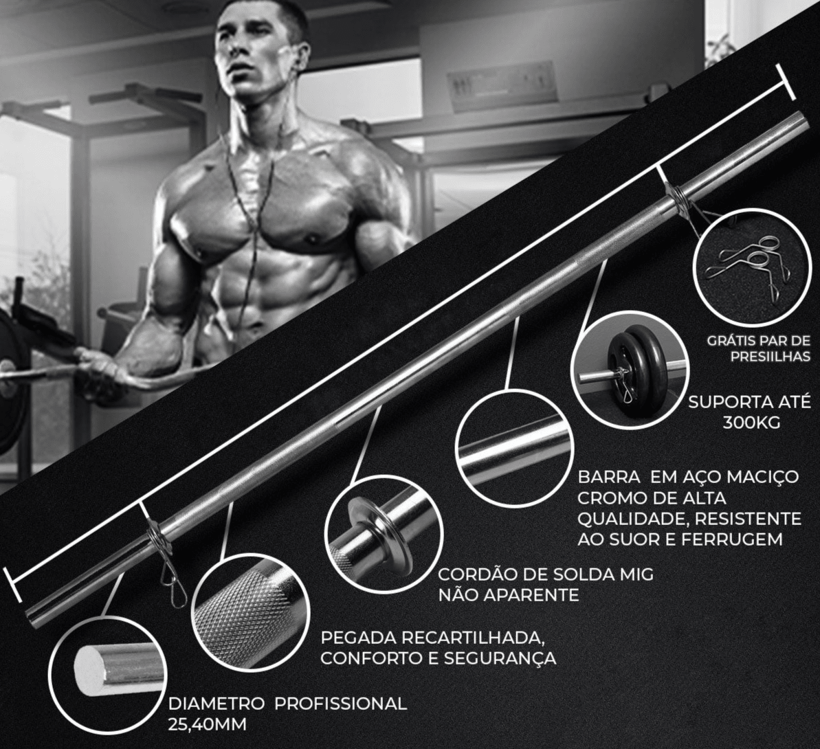Kit Barras De Musculação + 40Kg De Anilhas + Suportes - Imagem 5