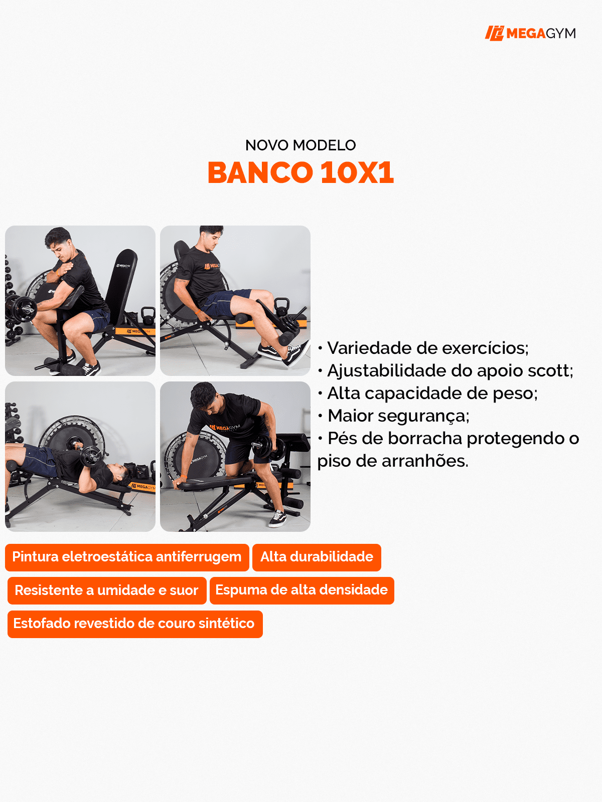 Banco 10x1 P/ Supino Com Rosca Scott Cadeira Extensora Laranja - Imagem 3