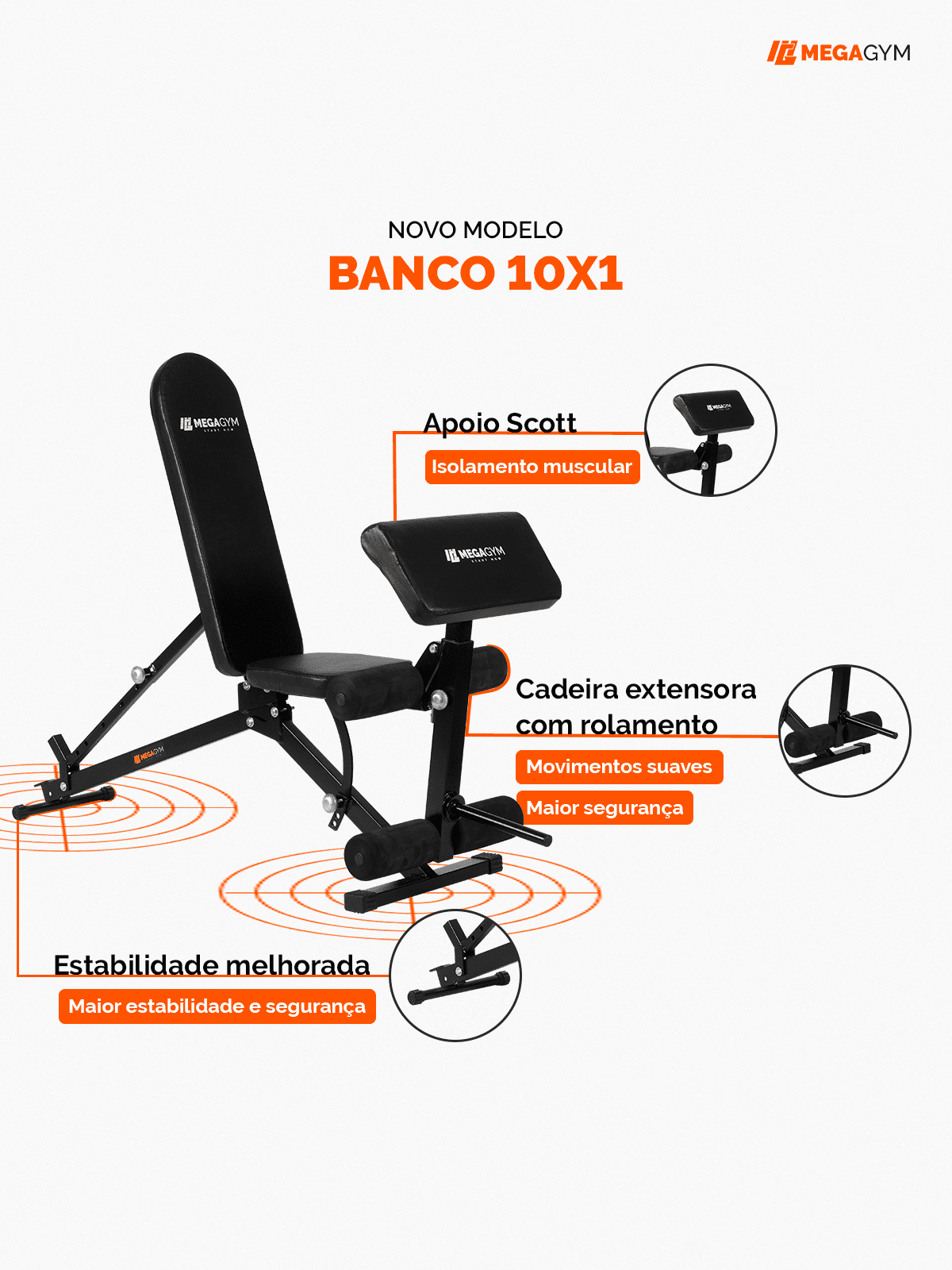 Banco 10x1 P/ Supino Com Rosca Scott Cadeira Extensora Laranja - Imagem 4